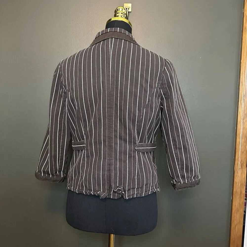 Roxy‎ Brown White Striped Cropped Blazer Jacket Y2K L Large - Picture 6 of 7